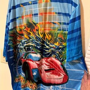 Vibrant Blue T-Shirt with Red Car and Dragon Graphic